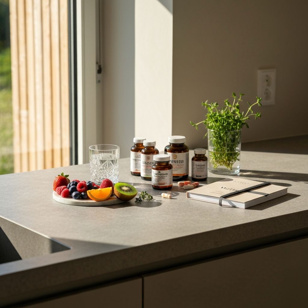 Morgenroutine: Vitamin-Flaschen, frische Früchte, Wasser, Planer
