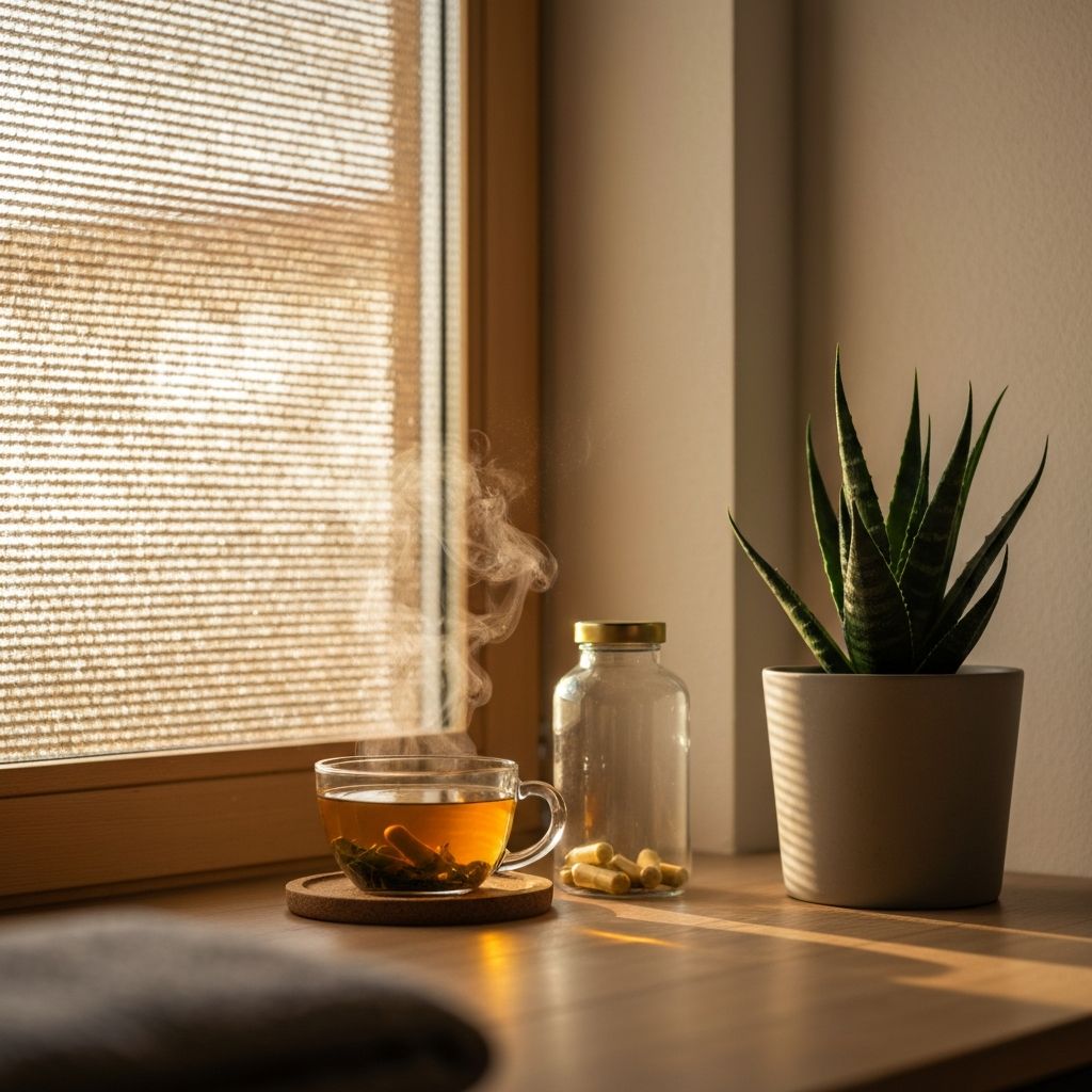 Wellness-Erholung: Kräutertee, Supplement-Flasche, Fenster mit Licht