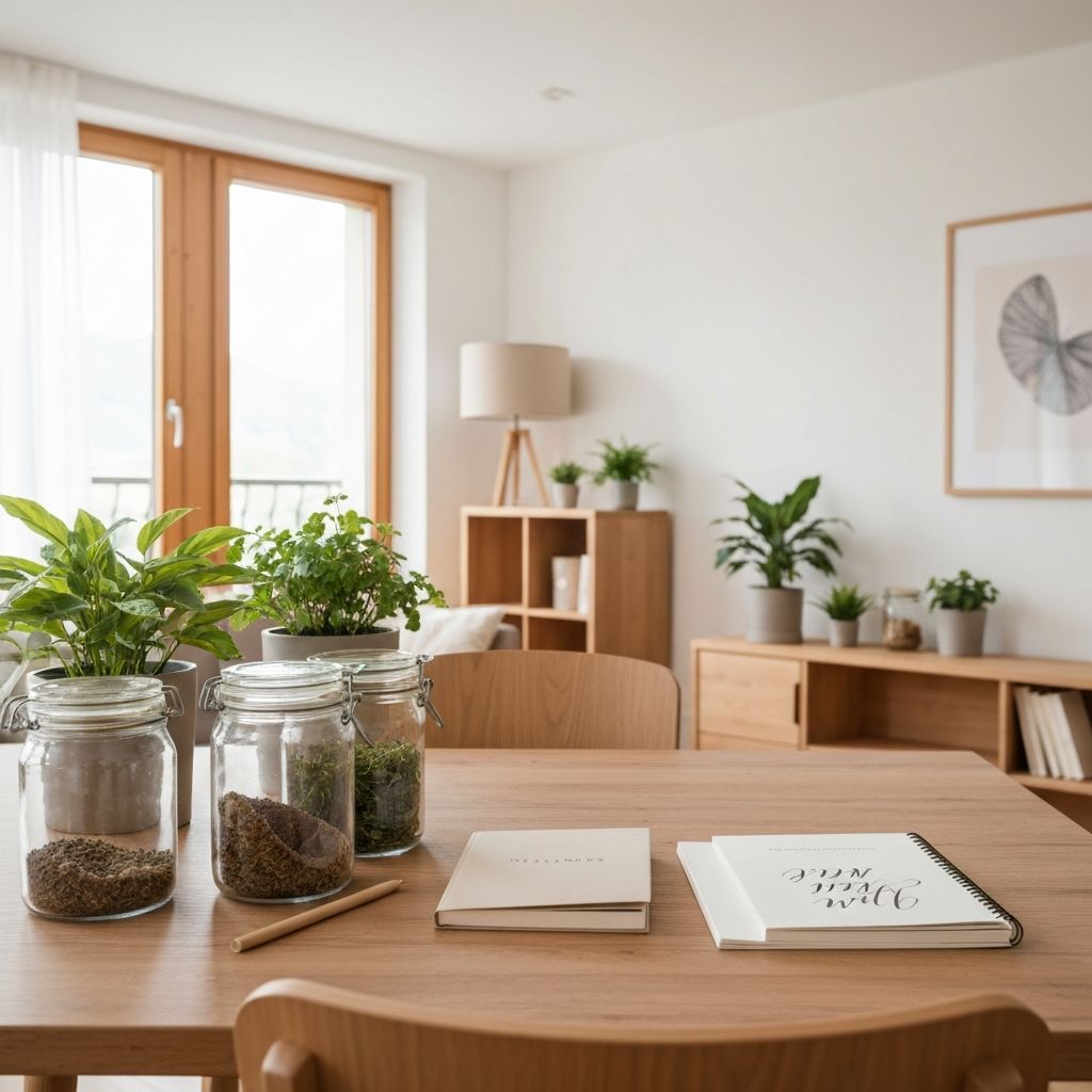 Ruhiger Arbeitsbereich mit Pflanzen, Gläsern mit natürlichen Zutaten, Wellness-Tagebuch