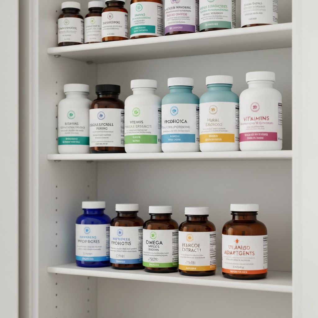 Organisiertes Supplement-Regal mit verschiedenen Flaschen: Vitamine, Mineralien, Kräuterextrakte